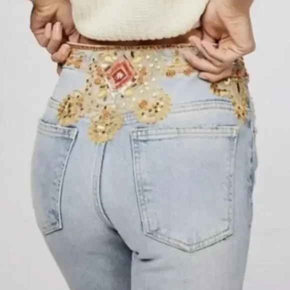 Free People Novelty Embellished Beaded Sequins Button Fly Straight Jeans - Picture 2 of 16